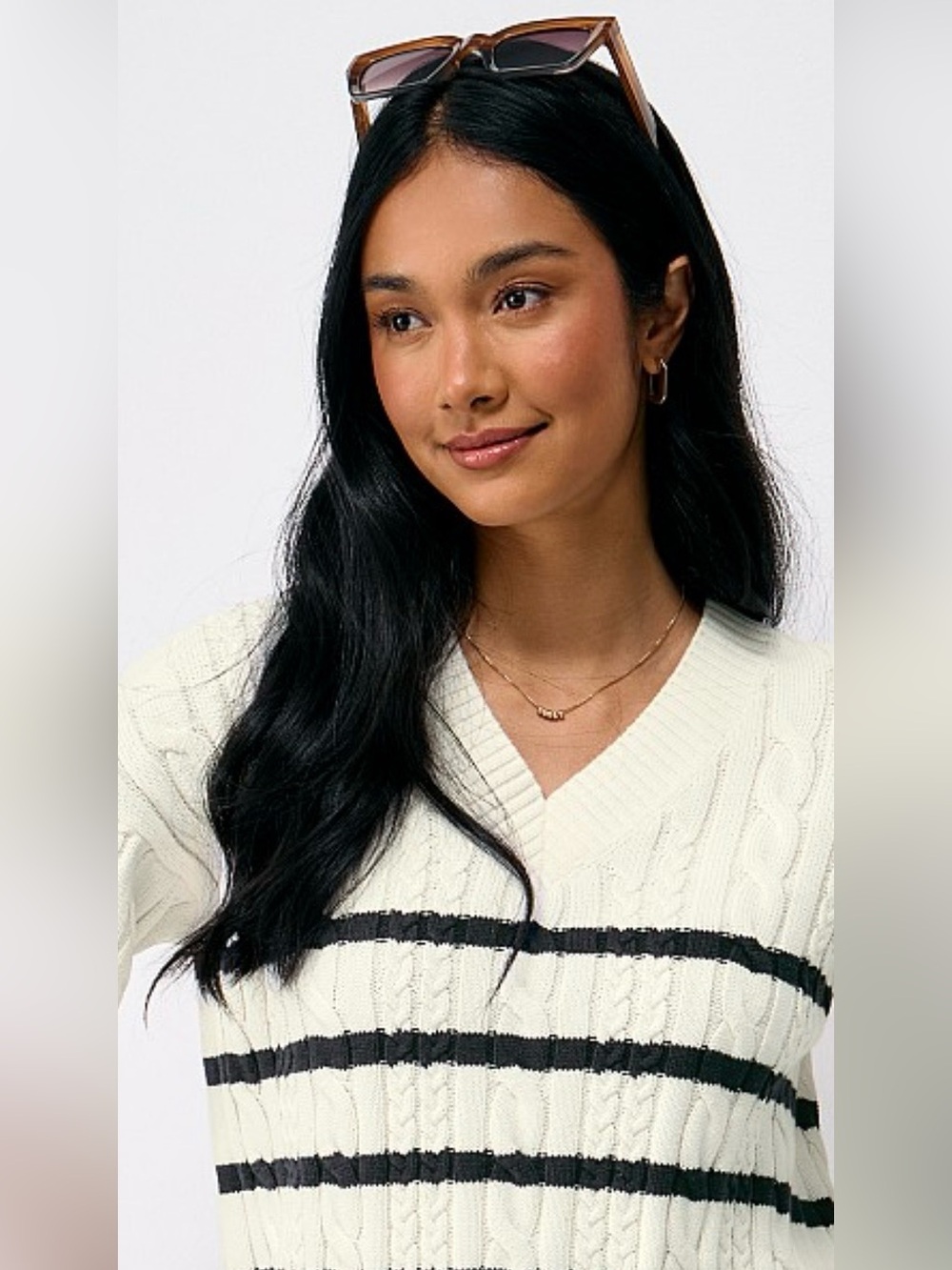 Nicole Miller Cream V-Neck Cable Knit Sweater with Navy Stripes
